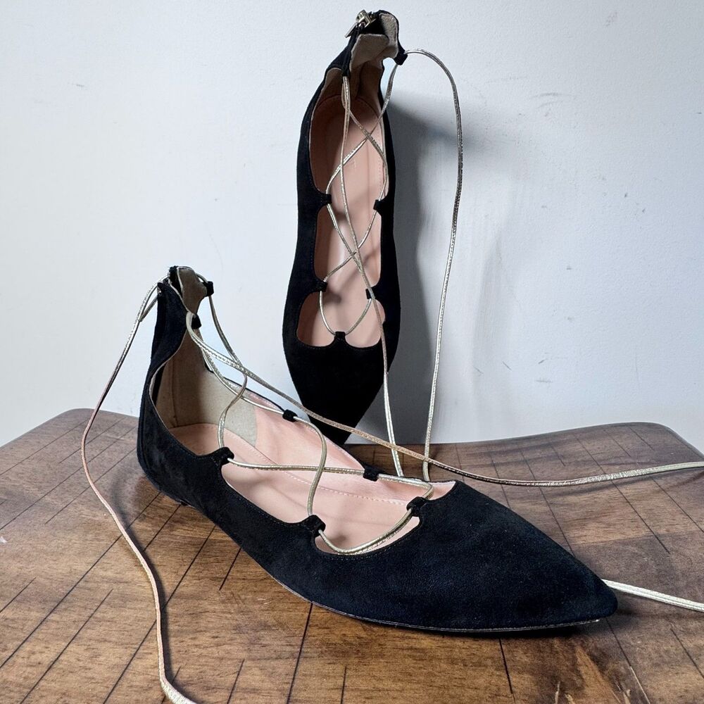 J.Crew Lace Up Ballet Flats Black Suede Pointed Toe Strappy 9 Ankle Tie